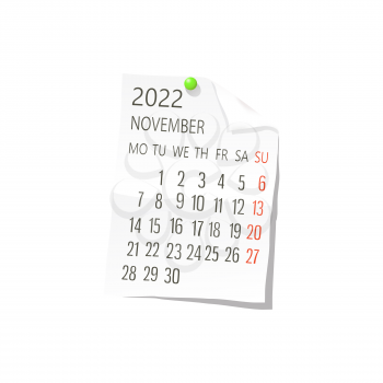 2022 Calendar on white paper, November. Editable vector over white background