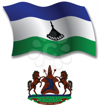 lesotho shadowed textured wavy flag and coat of arms against white background, vector art illustration, image contains transparency transparency