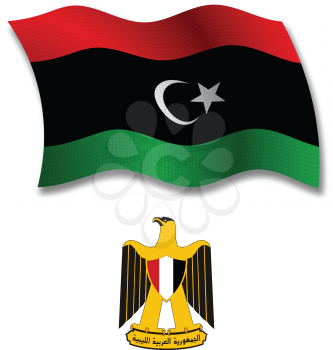 libya shadowed textured wavy flag and coat of arms against white background, vector art illustration, image contains transparency transparency
