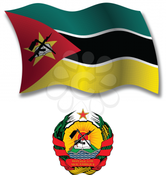 mozambique shadowed textured wavy flag and coat of arms against white background, vector art illustration, image contains transparency transparency