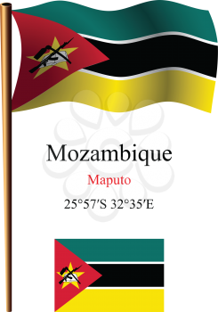 mozambique wavy flag and coordinates against white background, vector art illustration, image contains transparency