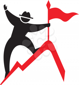 Royalty Free Clipart Image of a Man Placing a Flag at the Top of a Mountain
