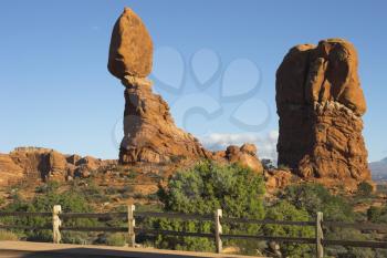  Freakish formations from red sandstone in the well-known national park Arches in the USA