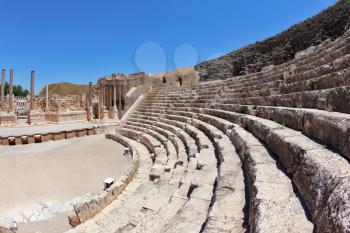 The stone seats and a stage in the Roman amphitheater at Beit Shean, Israel
