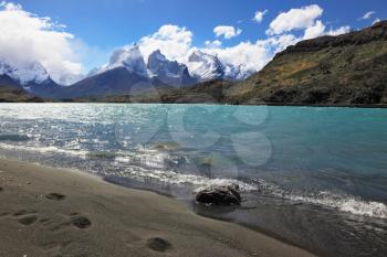 Sandy Beach Lake Pehoe in the national park Torres del Paine, Chile. Majestic rocks Los Kuernos. The beach is trampled by big traces