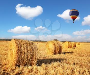 Red and blue balloon slowly flying  over field. Stacks of harvested wheat beautifully and symmetrically stand in rows