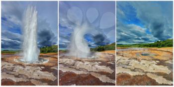 Three phases of the eruption of the geyser Strokkur in Iceland. A pillar of hot water and steam to power vyravaetsya of land. Collage - card