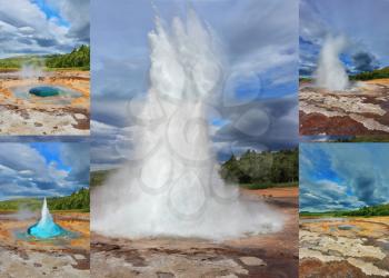 Collage showing different phases of the action of the geyser. Gushing geyser Strokkur. Boiling azure water fumaroles replaced by fountain of hot water and steam