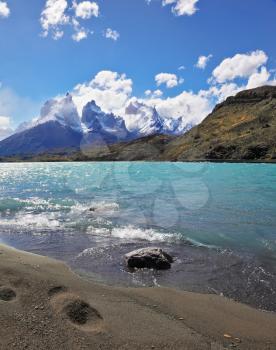 Sandy Beach Lake Pehoe in the national park Torres del Paine, Chile. Majestic rocks Los Kuernos. The beach is trampled by big traces