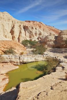 Canyon in ancient mountains at the Dead Sea. A big pool with the remains of green water