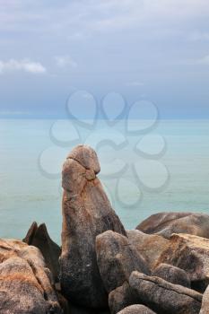 The picturesque pile of stones Grandma and Grandpa on the coast of the Gulf of Thailand. Lamai Beach, Samui Island
