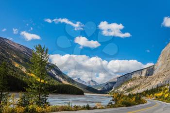 The Bow River Canyon in September.  Canadian Rockies, Great Banff. Excellent highway and surrounded by autumnal woods