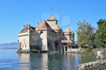 The Castle of Chillon on Lake Geneva. A beautiful sunny day in Switzerland