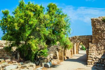  Perfectly remained ancient arch overlappings of malls. National park Caesarea on the Mediterranean Sea. Israel