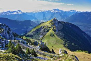 Swiss Alps. Mountain peaks near the resort of Leysin, on a sunny day