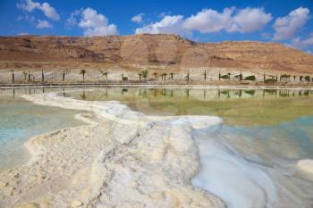 Path from the salt winds picturesquely in salt water. Israeli coast of the Dead Sea