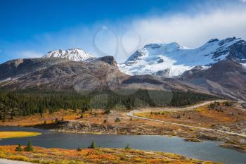 Lake from the melting of huge glaciers. The magnificent Rocky Mountains in Canada, Icefields Parkway Road 