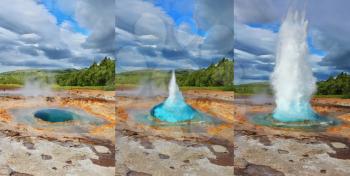 Collage showing different phases of the action of the geyser. Geyser Strokkur in Iceland. Fountain Geyser throws hot water every few minutes