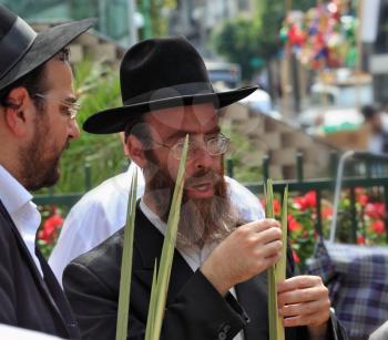 Bnei Brak - September 22: Two Orthodox Jews in black hats picks Lula before Sukkot September 22, 2010 in Bnei Brak, Israel

