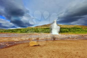 Geyser Strokkur erupts every few minutes. Famous geyser Strokkur in Iceland