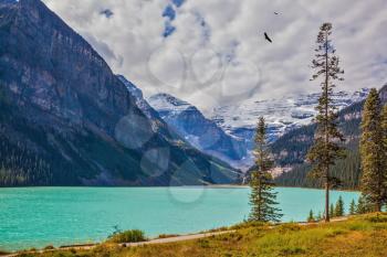 Rocky Mountains, Canada, Banff National Park. Magnificent Lake Louise with emerald water surrounded by glaciers. A great sunny day