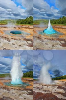 Collage made ​​of different phases of the eruption of the geyser. Geyser Strokkur in Iceland. Fountain Geyser throws hot water every few minutes