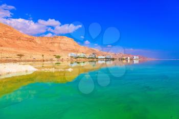 The shoaled Dead Sea at coast of Israel. Emerald water of the Dead Sea