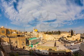 The area of the Western Wall of the Temple after the prayer. Autumn holiday of Sukkot. Windy autumn day in Jerusalem