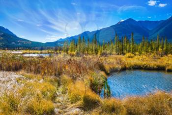 Magnificent sunny day in lakes Vermilion. Concept of ecotourism. Canadian province of Alberta, the Rocky Mountains, Banff