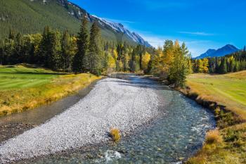 Delightful stunning park Banff in the Rocky Mountains of Canada. The shallow stream among green and yellow grass lawns