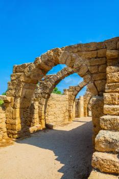 National park Caesarea on the Mediterranean Sea. Israel. Arch overlappings of malls of antique times