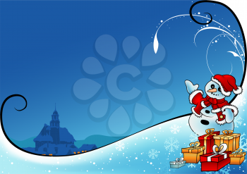 Royalty Free Clipart Image of a Santa Snowman With Presents Pointing Towards a Church