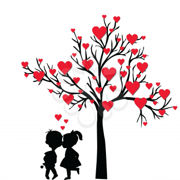 Greeting Valentine's Day card with tree of hearts and kids kissing