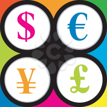 Colored background with the currency signs of Dollar, Euro, Pound and Yen.
