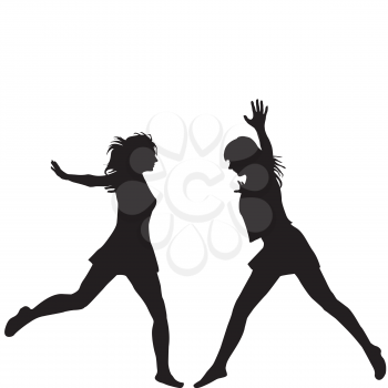 Silhouettes of two woman jumping on white background