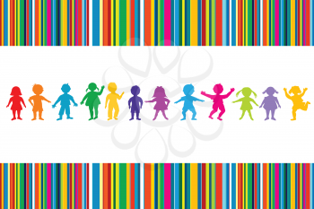 Cartoon colored children on stripped background