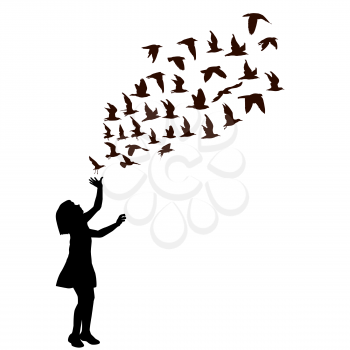 Silhouette of a girl with birds flying