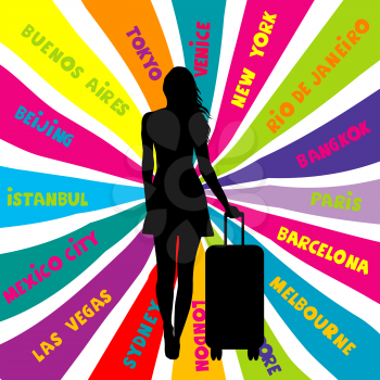 Travel concept with silhouette of female tourist and travel destinantions