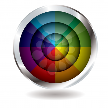 Royalty Free Clipart Image of a Rainbow Button With a Silver Bevel