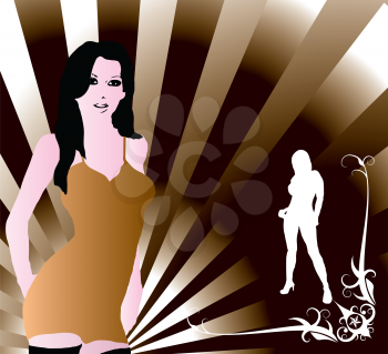 Royalty Free Clipart Image of Woman and a Silhouette on a Brown Striped Background