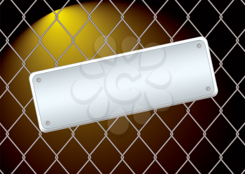 Royalty Free Clipart Image of a Wire Fence With a Metal Plate