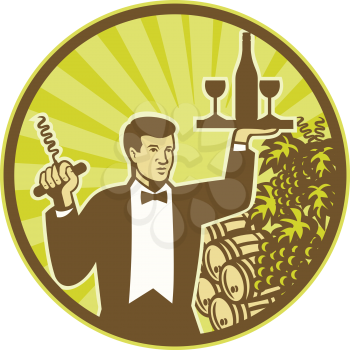 Illustration of a waiter holding cork screw and serving wine bottle and glass on platter with wine barrel and grape vine and fruit in background set inside circle retro style.