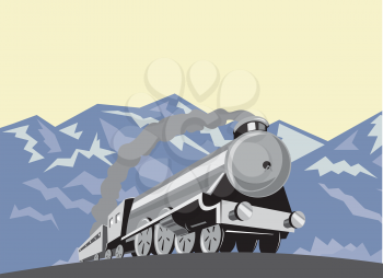 Illustration of a steam train locomotive viewed from a low angle done in retro style with mountains in the background.