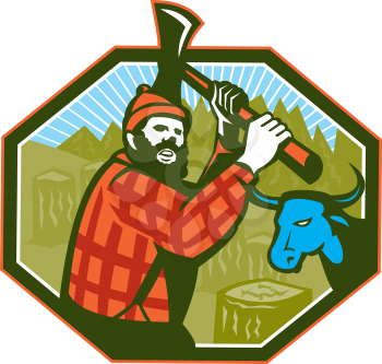 Illustration of Paul Bunyan a lumberjack sawyer forest worker swinging an axe with tree stumps and Babe the blue ox bull cow in background set inside hexagon done in retro style