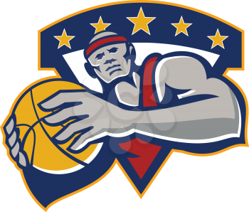 Illustration of a basketball player holding ball facing front set inside shield crest done in retro style on isolated background.