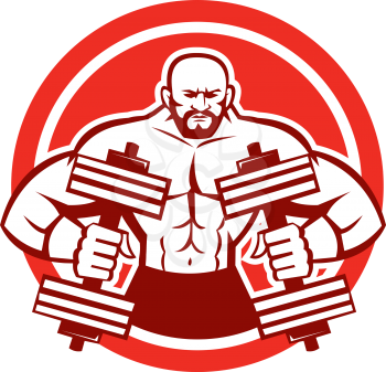 Illustration of a bodybuilder lifting dumbbell flexing muscles viewed from front set inside circle on isolated background done in retro style.