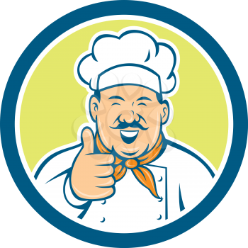 Illustration of a chef cook looking happy smiling with thumbs up set inside circle on isolated background done in retro style.
