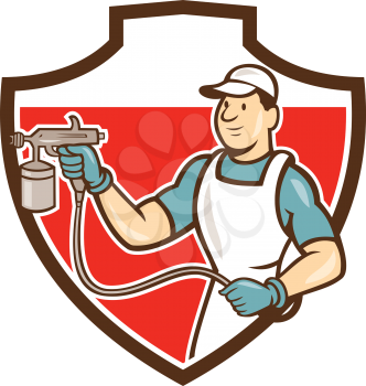 Illustration of painter holding paint spray gun spraying looking to the side set inside shield crest done in cartoon style. 