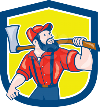 Illustration of a lumberjack sawyer forester standing holding an axe on shoulder looking up to side set inside shield crest on isolated background done in cartoon style. 