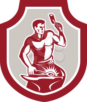 Illustration of a blacksmith worker striking using hammer sledgehammer at anvil done in retro style set inside shield crest shape on isolated background.
